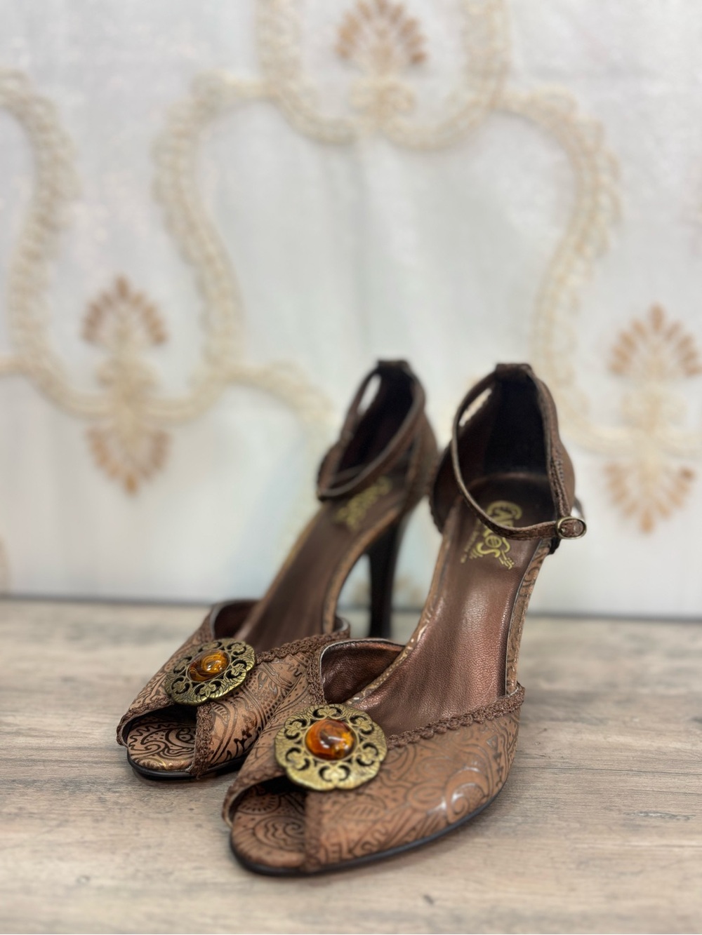 Brown Leatherette Women's Peep-Toe Heels with Ornate Accent